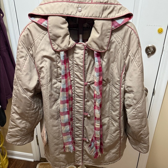 Alorna Jackets & Blazers - Plaid Trim Tan Women's Coat